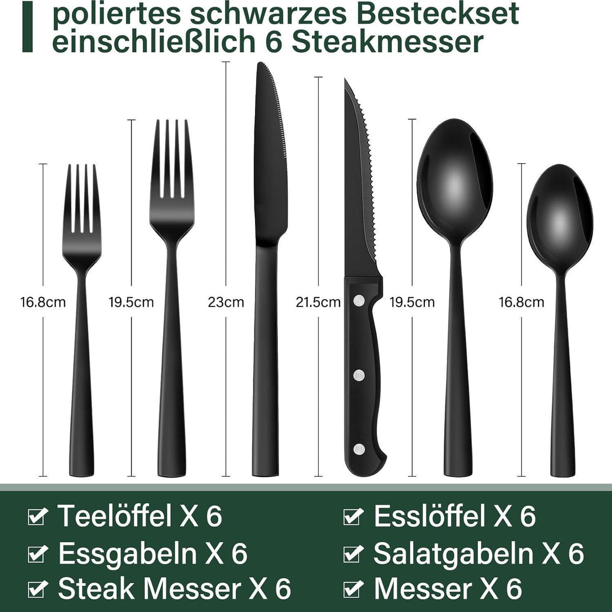 36-teiliges Edelstahl Besteckset für 6 Personen, Schwarz, Matt