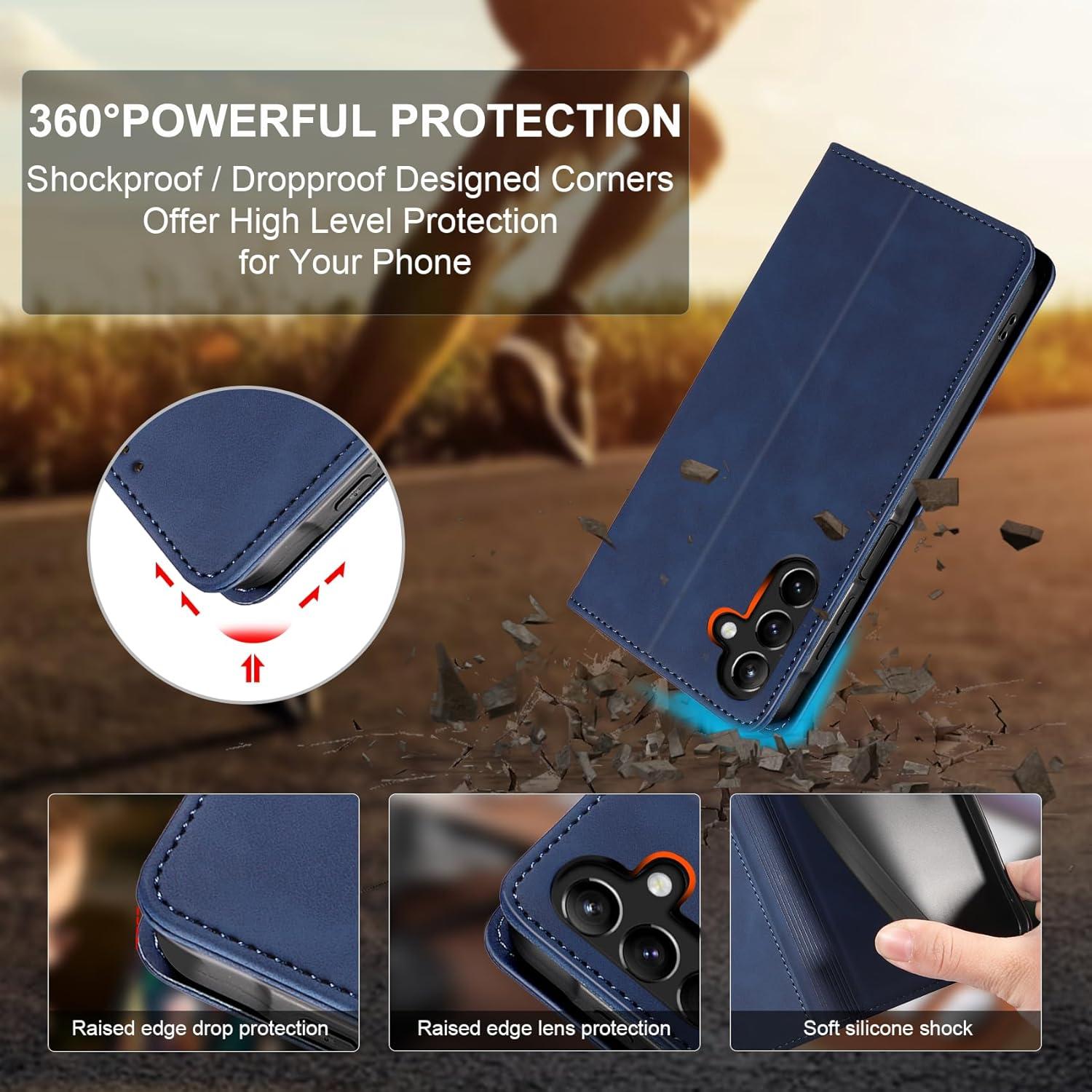 QHOHQ Samsung Galaxy A15 4G/5G Handyhülle Leder Flip Case Panzerfolie Tiefblau