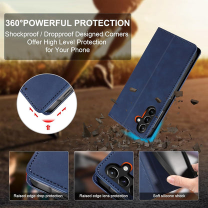 QHOHQ Samsung Galaxy A15 4G/5G Handyhülle Leder Flip Case Panzerfolie Tiefblau