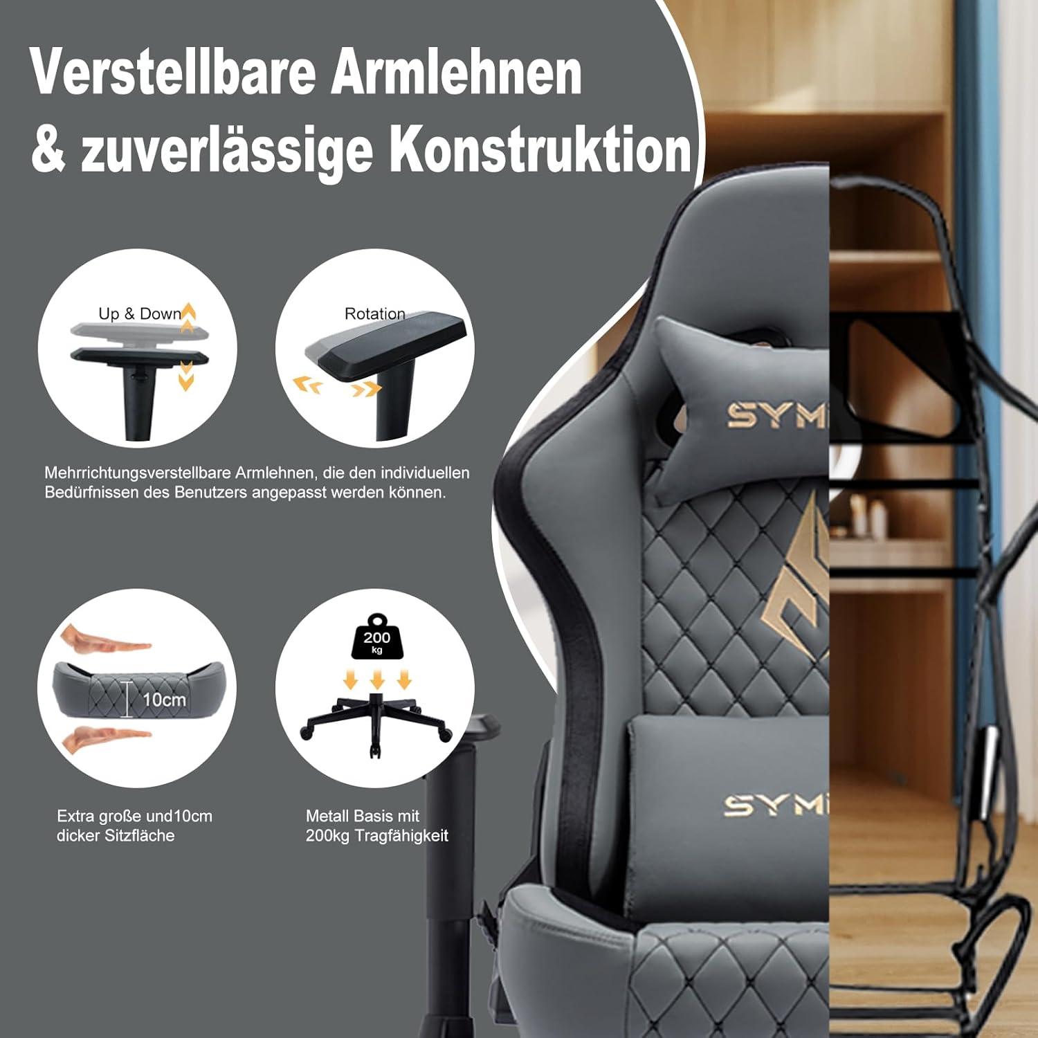 Ergonomischer Gaming Stuhl Vintage PU Leder 200kg Grau