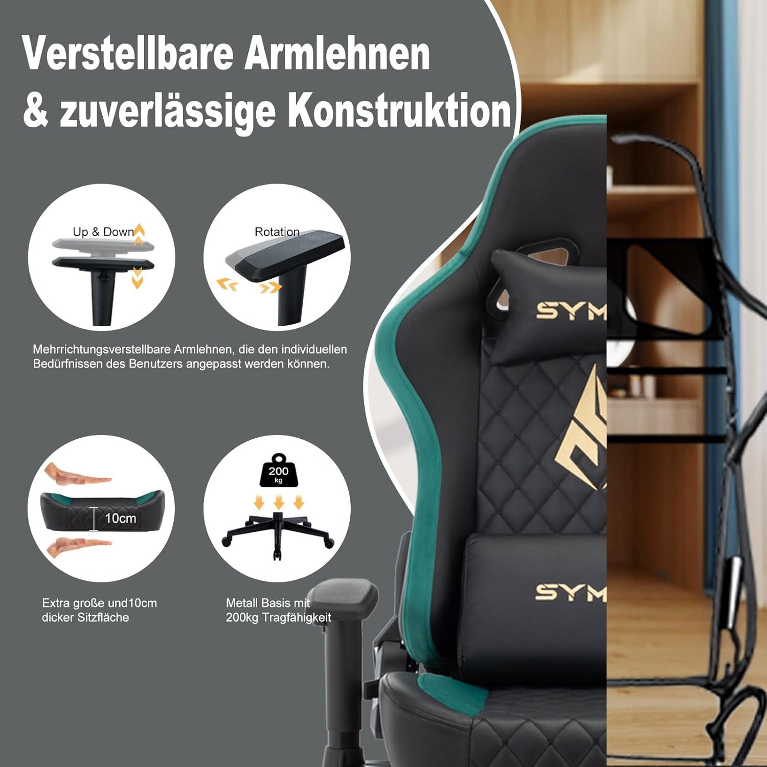 Symino Gaming Stuhl mit Massagefunktion, verstellb. Armlehnen, 200kg