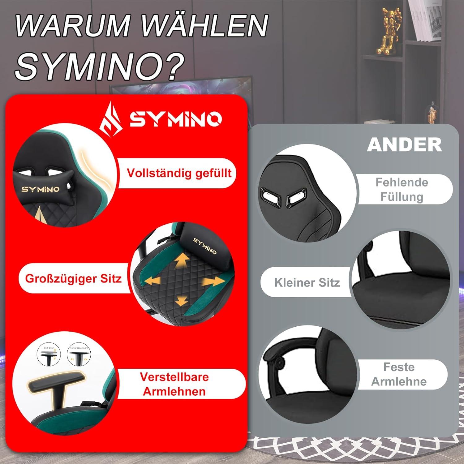 Symino Gaming Stuhl mit Massagefunktion, verstellb. Armlehnen, 200kg