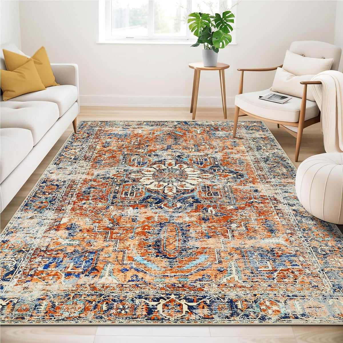 Boho Teppich Kurzflor 200x300cm Orange Vintage Design Waschbar