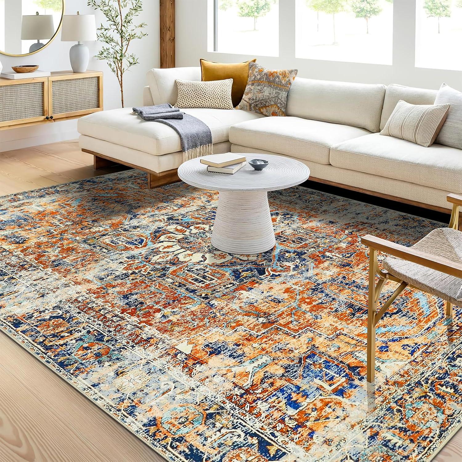 Boho Teppich Kurzflor 200x300cm Orange Vintage Design Waschbar