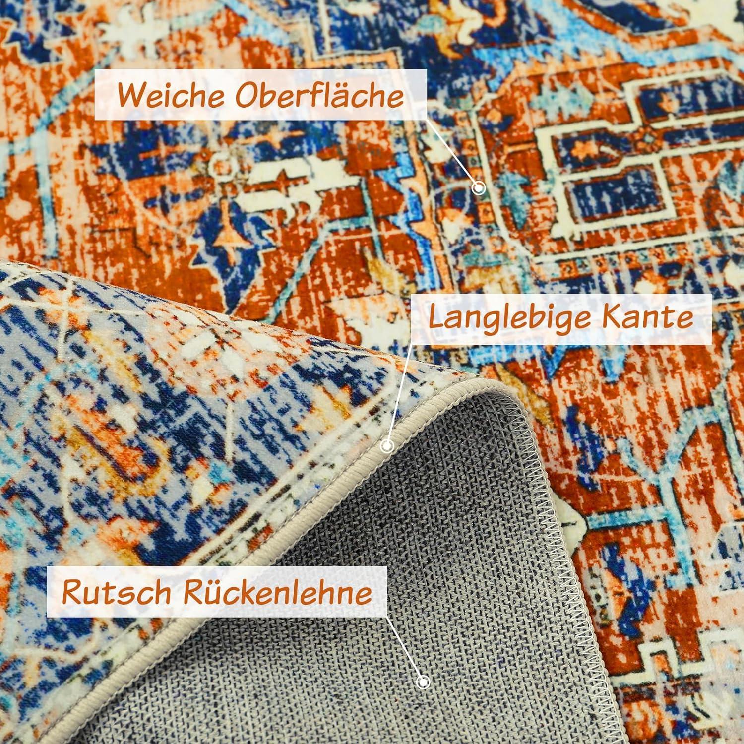 Orange Boho Teppich 200x300 cm Kurzflor Vintage Design Waschbar Weich rutschfest