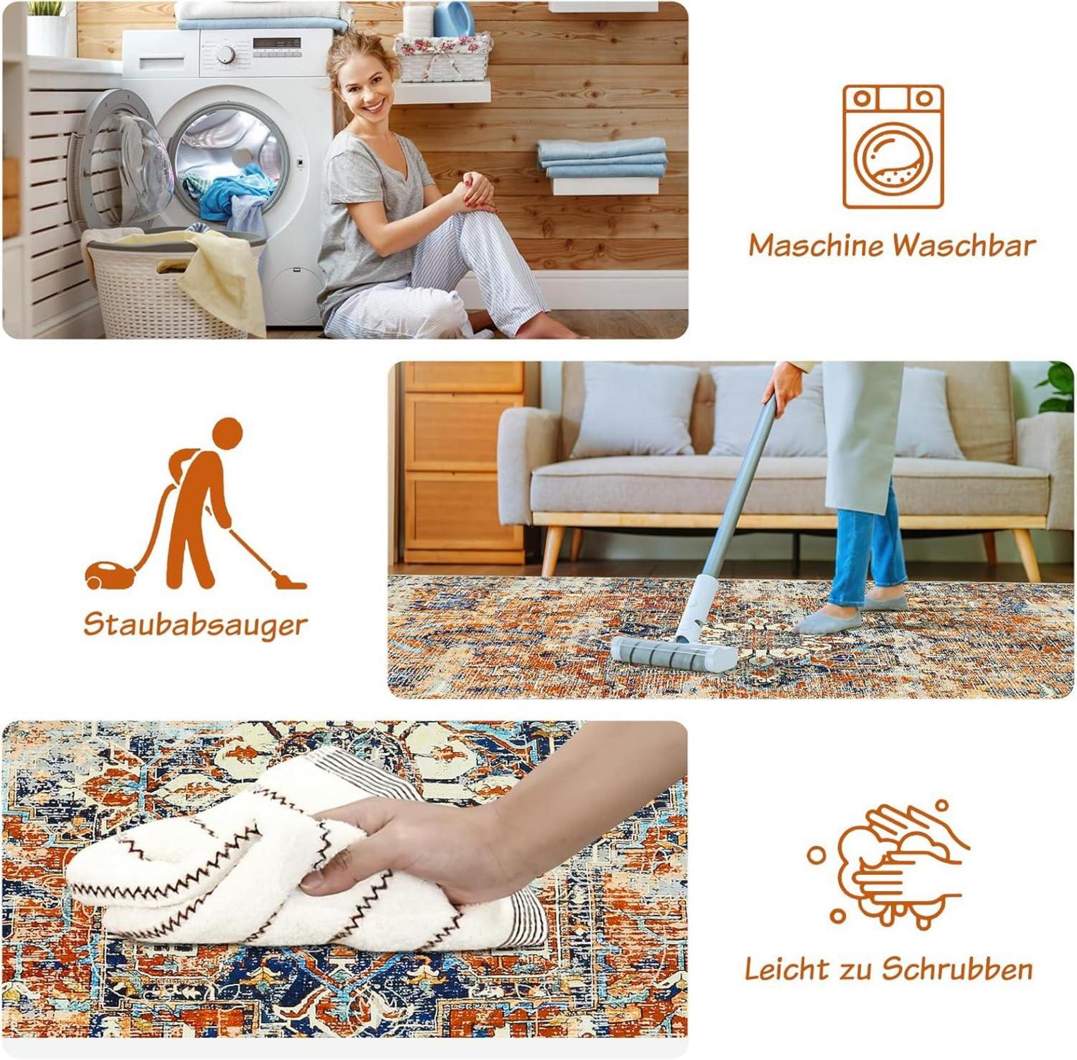 Orange Boho Teppich 200x300 cm Kurzflor Vintage Design Waschbar Weich rutschfest