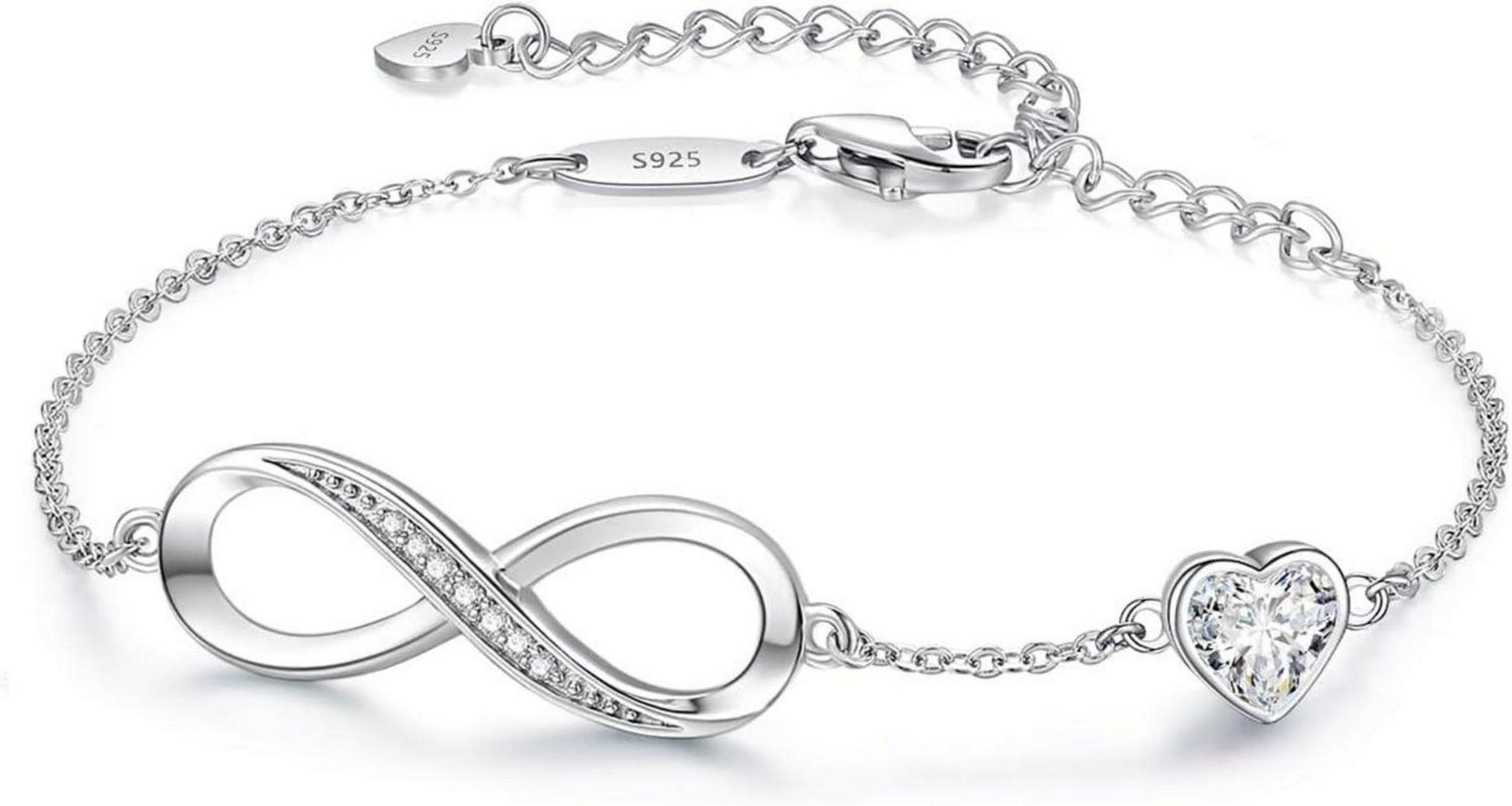 Infinity Armband Damen 925 Silber Herz Kristallen Verstellbar Geschenk