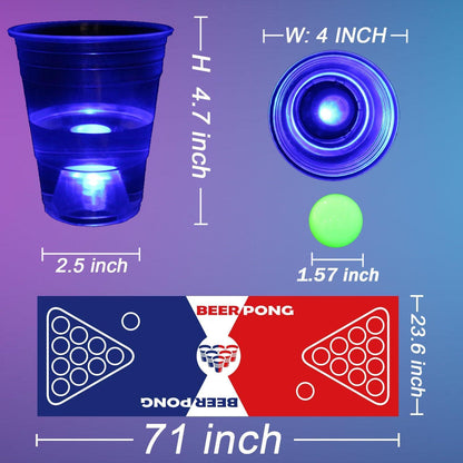 Glow-Pong-Set für Partyspiele im Dunkeln, 32 leuchtende Tassen, 12