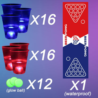 Glow-Pong-Tischmatten-Set 71 * 23 Zoll mit 32 leuchtenden Party-Tassen und 12 Pongs