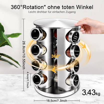 Gewürzregal Stehend 360° Rotation 16 Gläser Gewürz Organizer