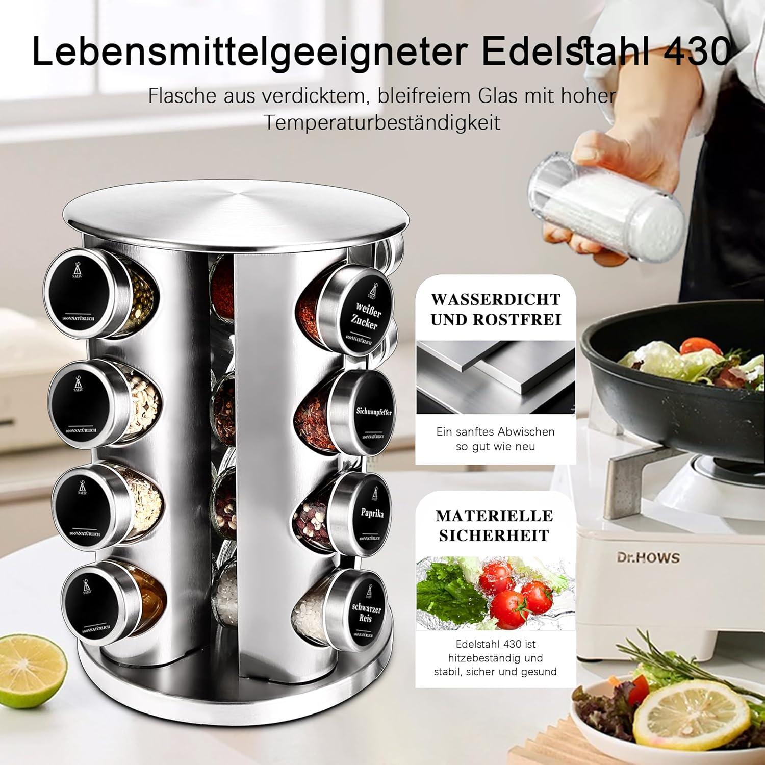 Gewürzregal 360° Rotation Stehend 16 Gläser Etiketten Organizer