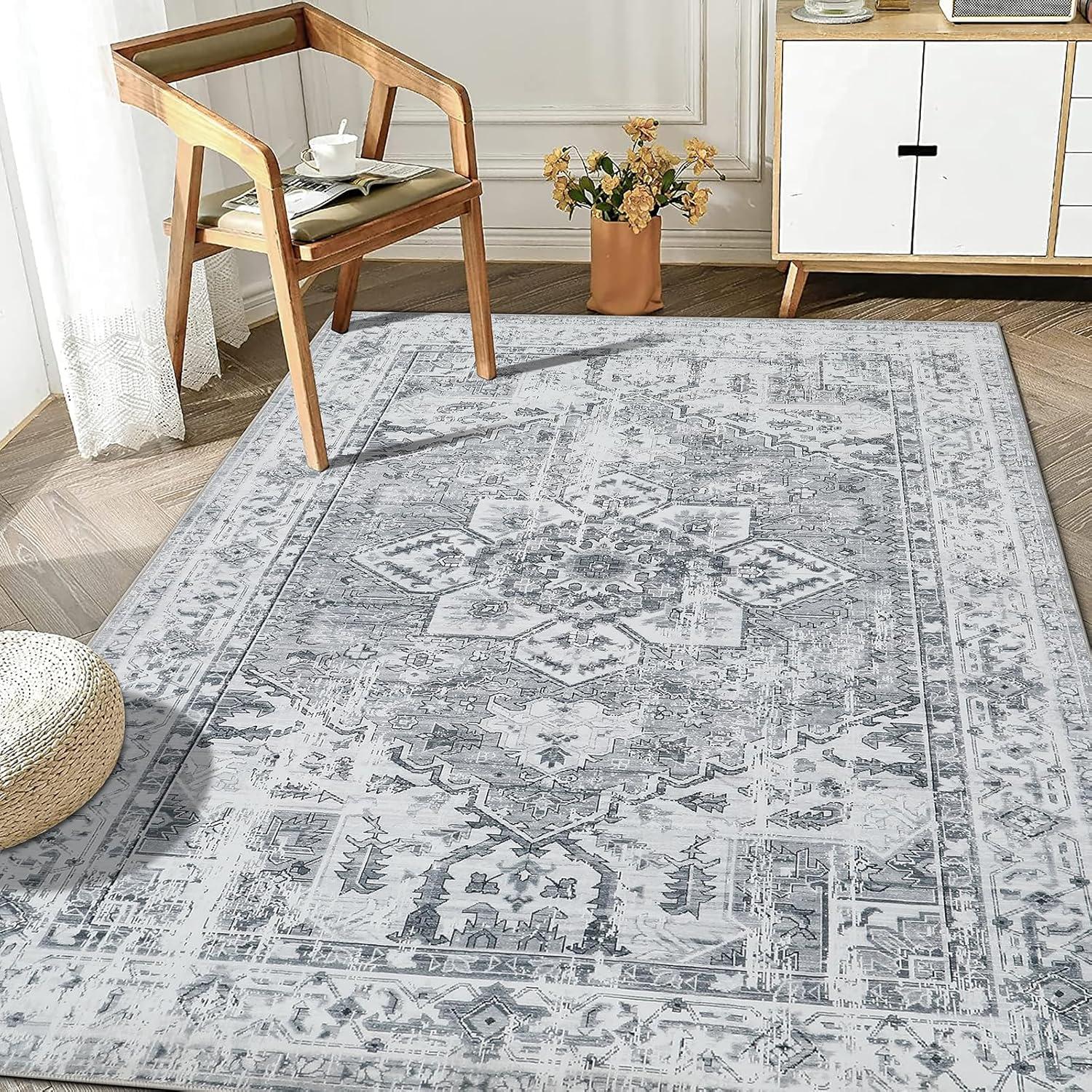 Boho Teppich kurzflor waschbar rutschfest Vintage Design Grau 120x170