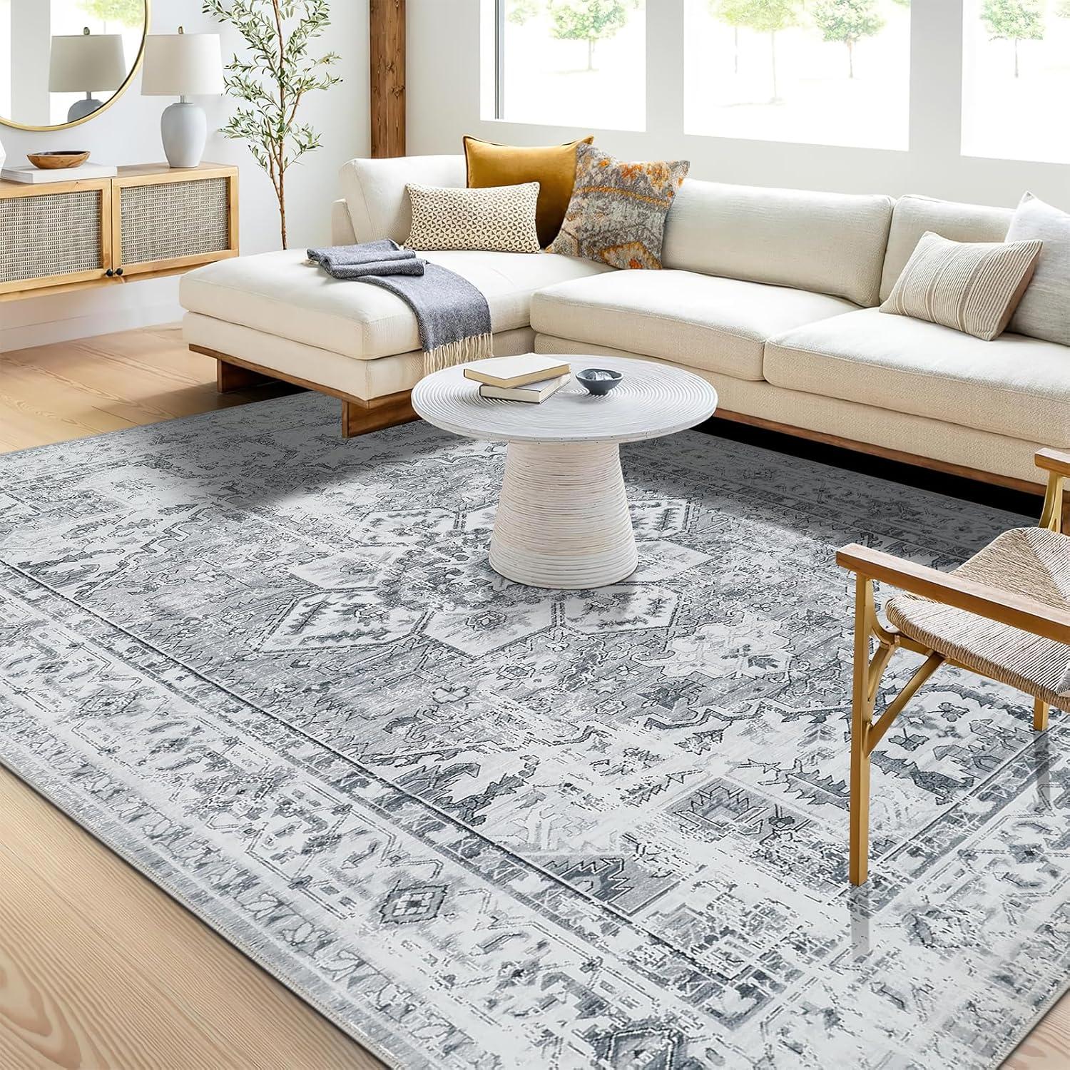 Boho Teppich kurzflor waschbar rutschfest Vintage Design Grau 120x170