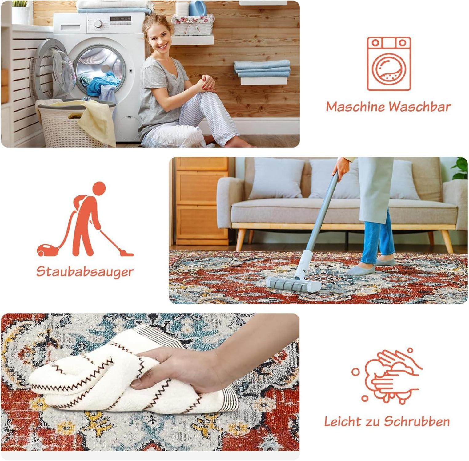 Kurzflor Teppich Vintage Rot 160x230cm Boho Design rutschfest waschbar