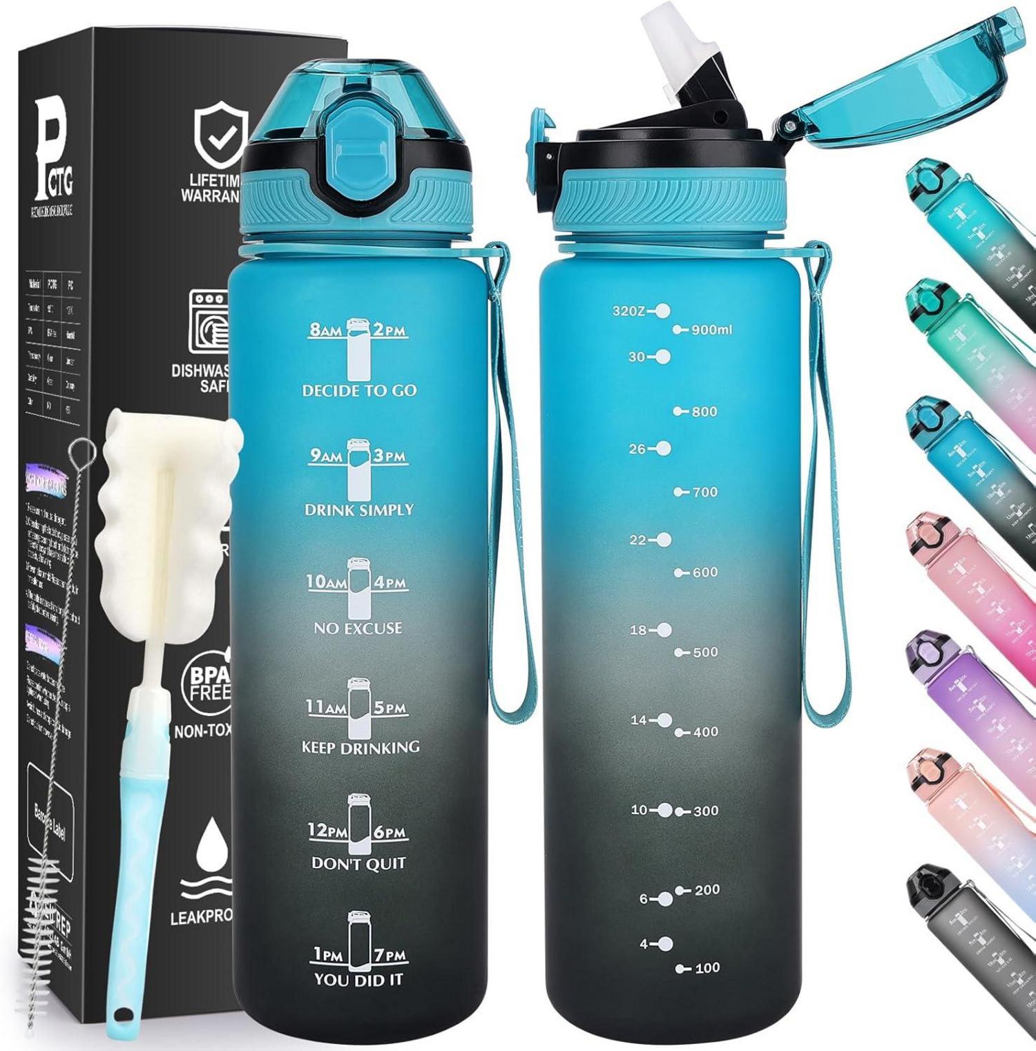 Sport Trinkflasche mit Stroh 1L Motivierend Zeitmarkierungen BPA-frei
