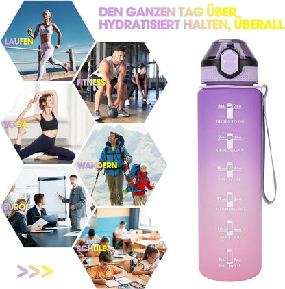 AOPREL Sport Trinkflasche 1L mit Stroh Zeitmarkierungen BPA-freiLila Rosa