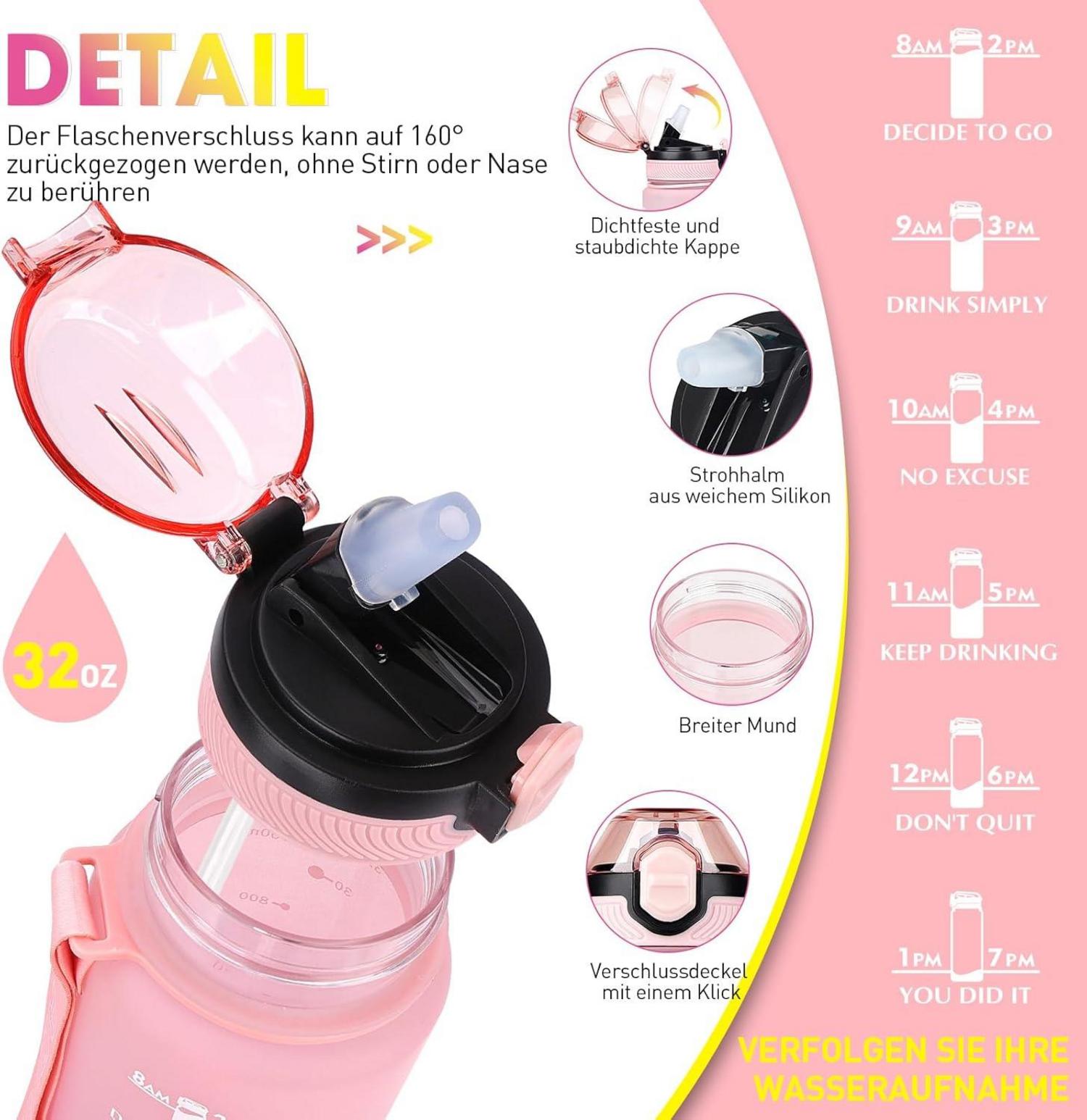 Sport Trinkflasche 1L mit Stroh, BPA-frei Motivierend