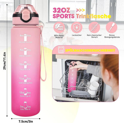 AOPREL Trinkflasche 1L mit Stroh, Sport Wasserflasche, BPA-frei, Auslaufsicher, Zeitmarkierungen, Spülmaschinenfest, Rosa