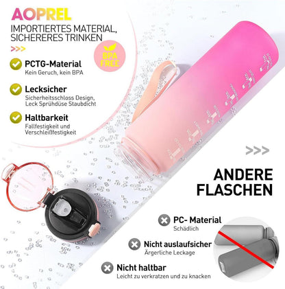 Sport Trinkflasche 1L mit Stroh BPA-frei Zeitmarkierungen