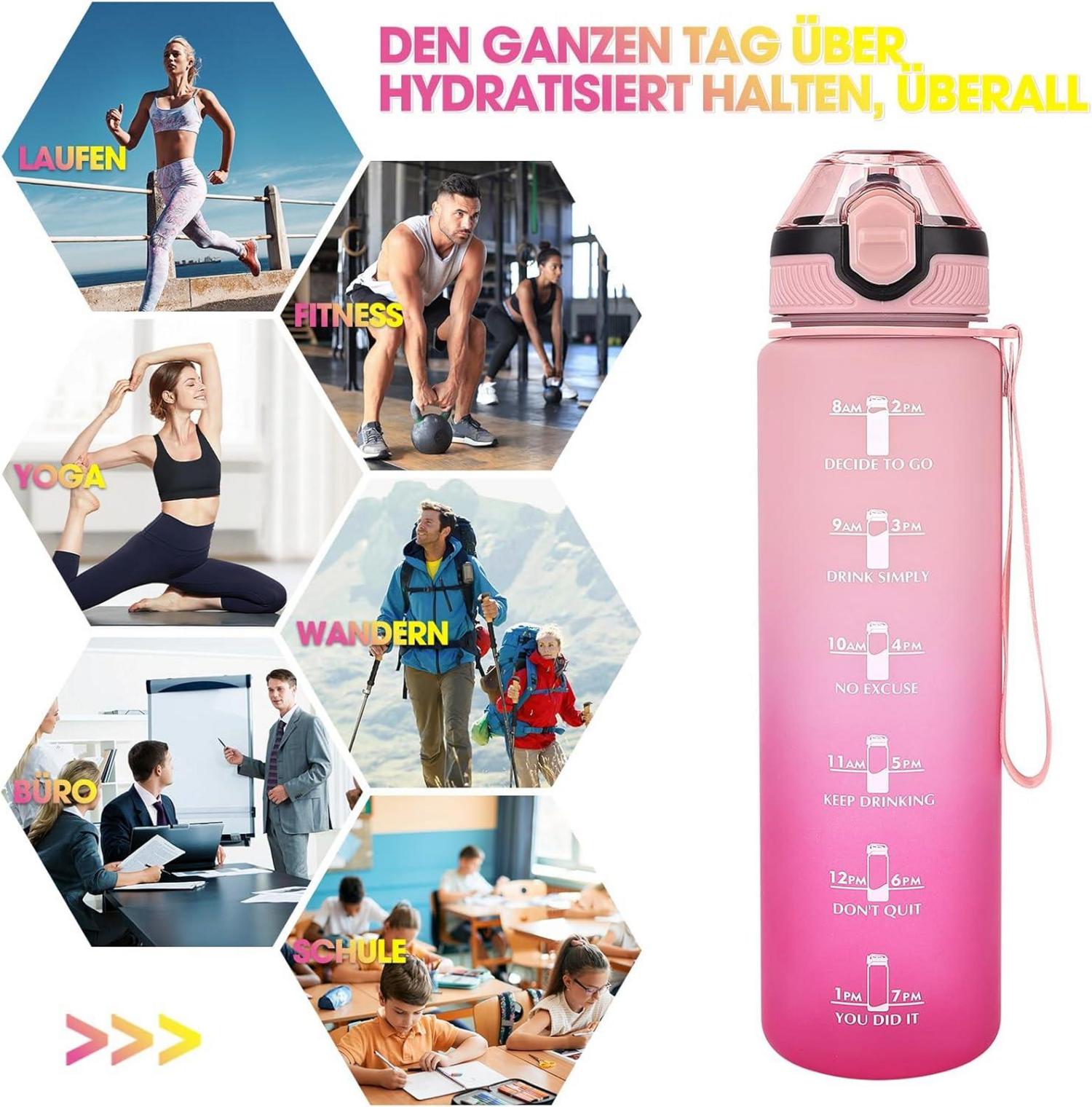 Trinkflasche 1L mit Strohhalm Zeitmarkierungen BPA-frei Blau