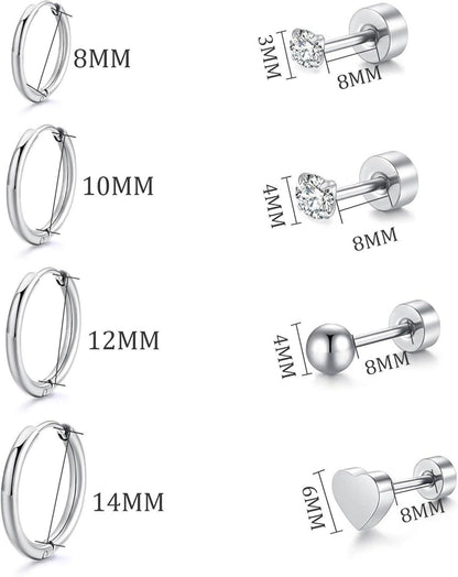 LOCCY Edelstahl Ohrringe Set 8 Paar Damen Zirkonia Kreolen