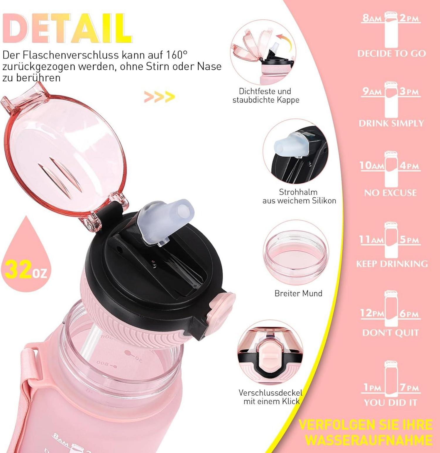 AOPREL Trinkflasche 1L mit Stroh PCTG Sport Wasserflasche