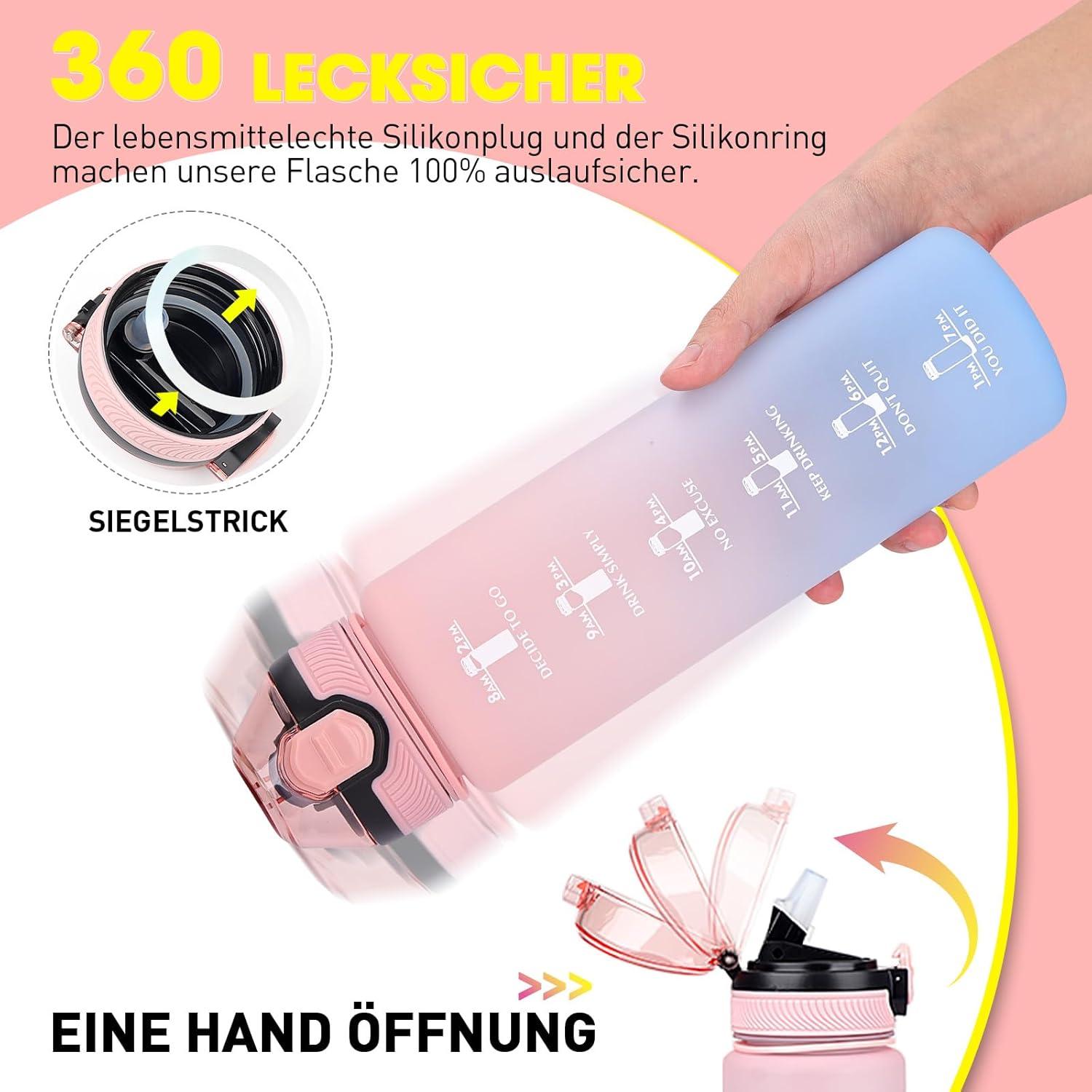 Sport Trinkflasche mit Strohhalm 1L Zeitmarkierungen BPA-frei Pink
