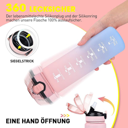Sport Trinkflasche mit Strohhalm 1L Zeitmarkierungen BPA-frei Pink
