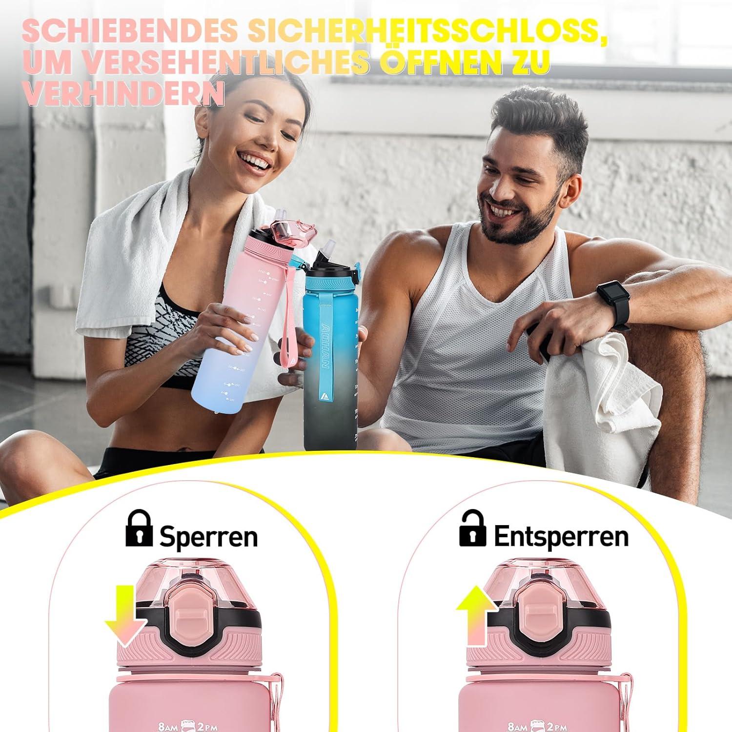 AOPREL 1L Trinkflasche mit Strohhalm, BPA-frei, Auslaufsicher, Spülmaschinenfest, Motivierende Zeitmarkierungen, Sportflasche für
