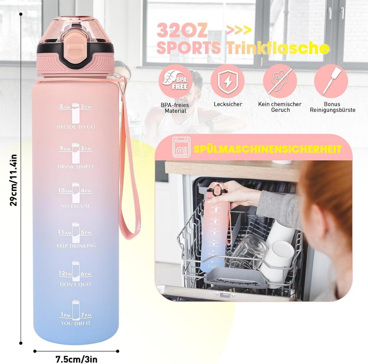 AOPREL 1L Trinkflasche mit Stroh BPA-frei Zeitmarkierungen