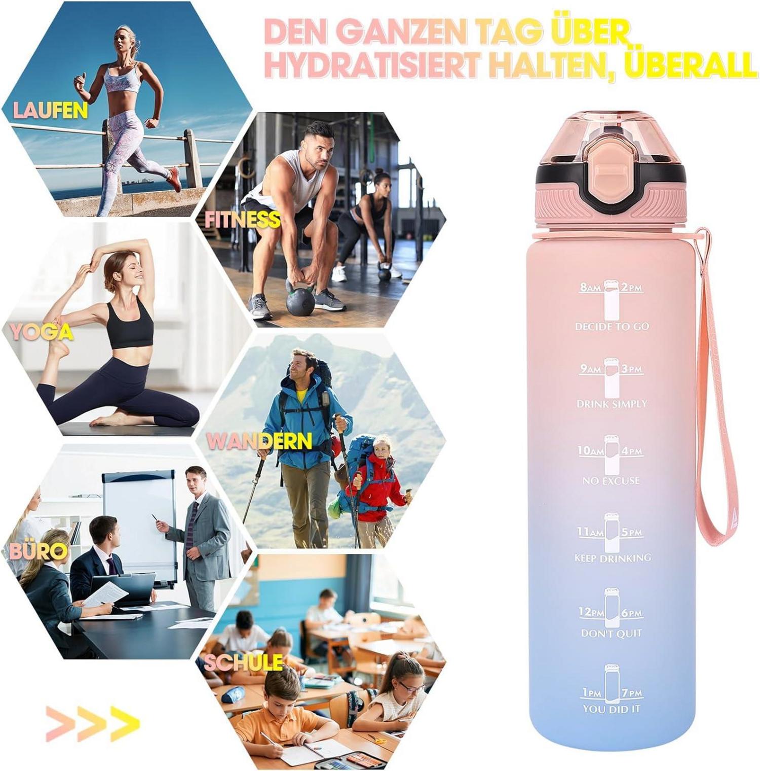 AOPREL 1L Trinkflasche mit Stroh BPA-frei Zeitmarkierungen