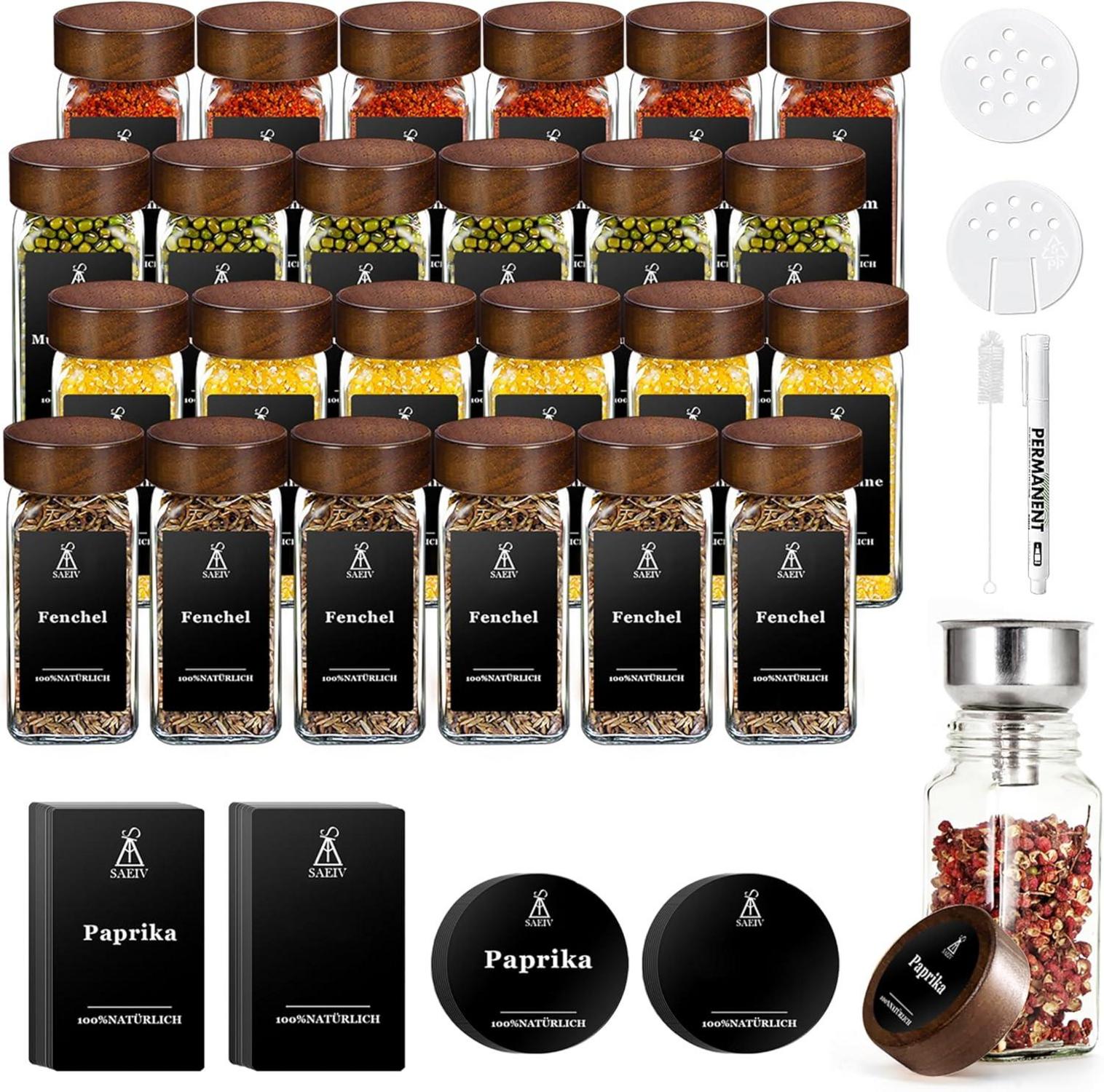 24-teiliges Gewürzgläser Set aus Akazienholz | Gewürzetiketten und