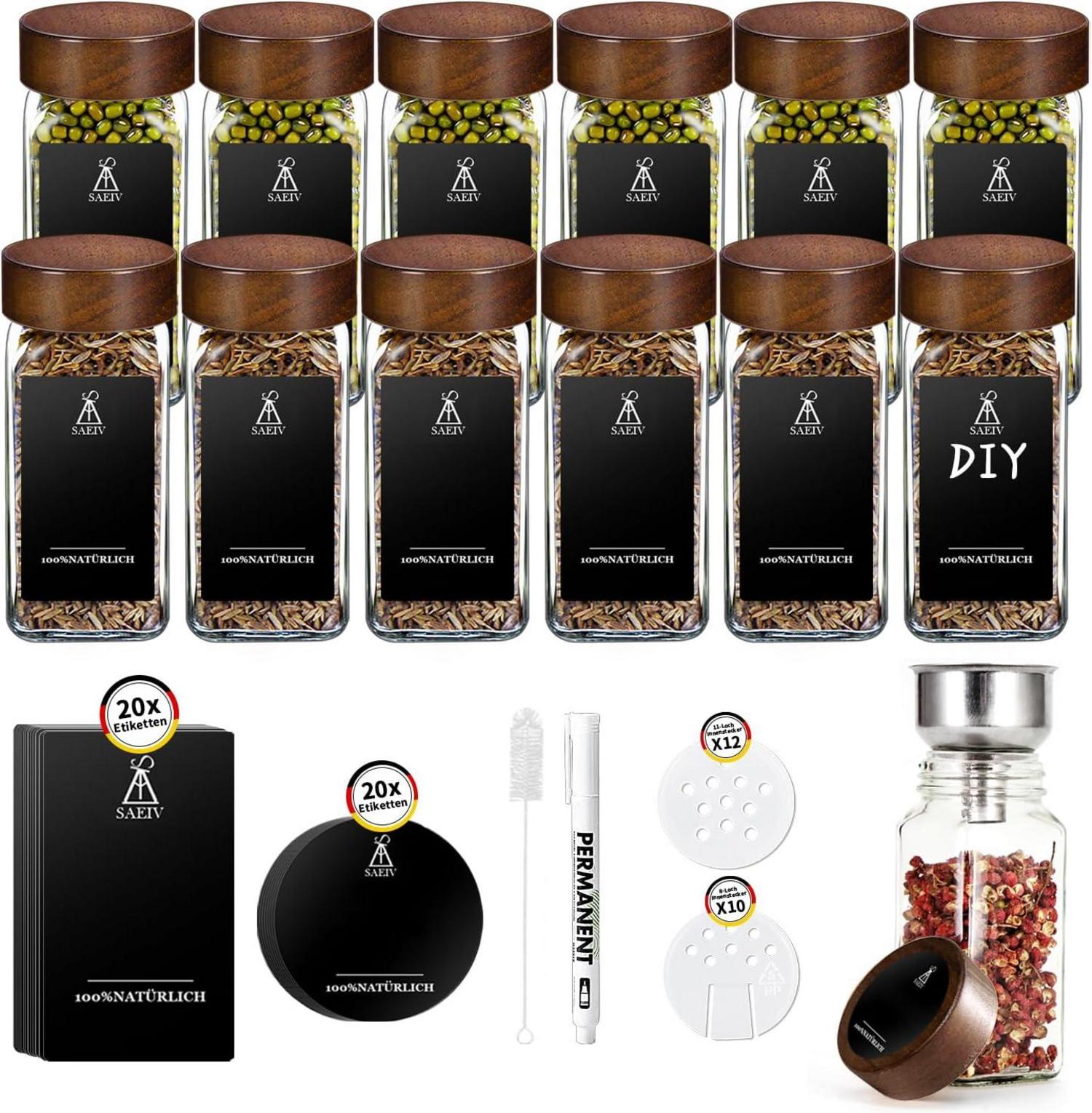 12 Gewürzdosen Set Akazienholz Deckel & Etiketten | Gläser 120ml
