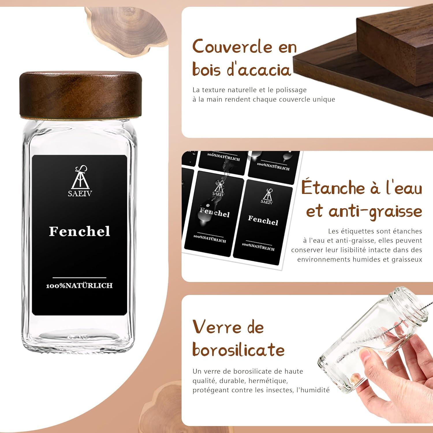 12 Gewürzdosen Set Akazienholz Deckel & Etiketten | Gläser 120ml