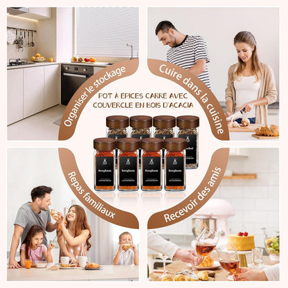 Gewürzgläser Set 12 Gewürzdosen 40 Etiketten Akazienholz Kappen 120ml