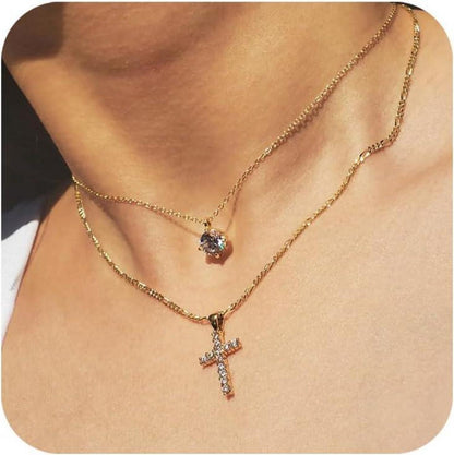 Gold Kreuz Layered Kette für Damen - 14K Vergoldet JuwelenSchmuck
