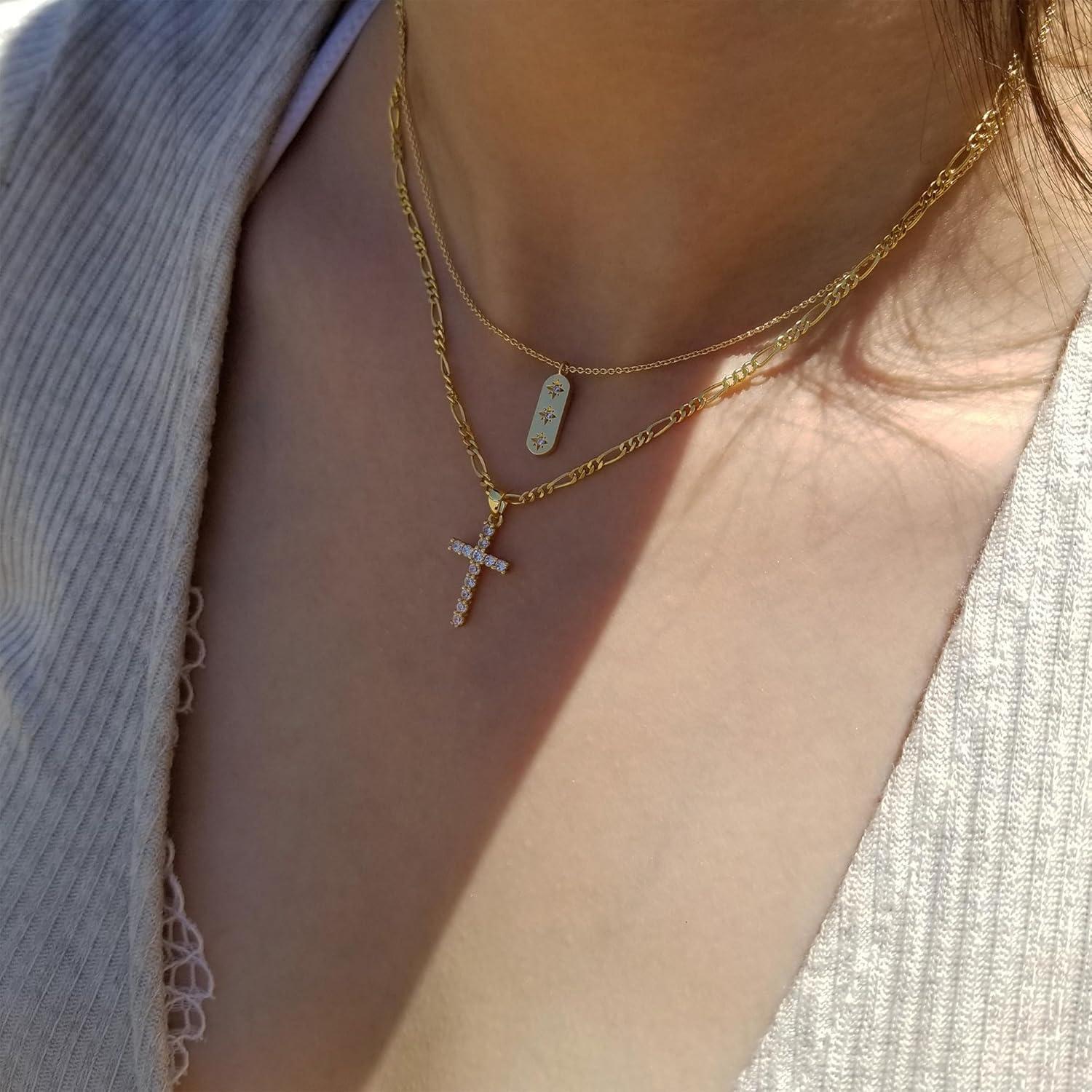 Elegante TINGN Kreuz Kette Gold Damen 14K Layered Kristall Halskette
