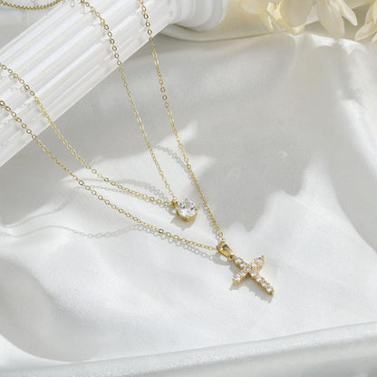 Gold vergoldete Kreuzkette Damen 14K Layered Kristallmodeschmuck