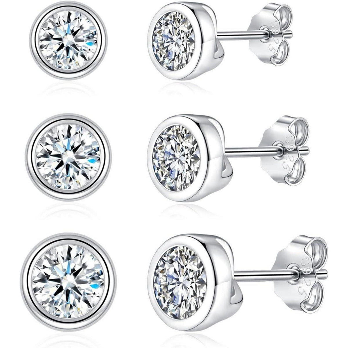 925 Sterling Silber Ohrstecker Set 3 Paar Zirkonia Herz Stern Rund 4-6mm