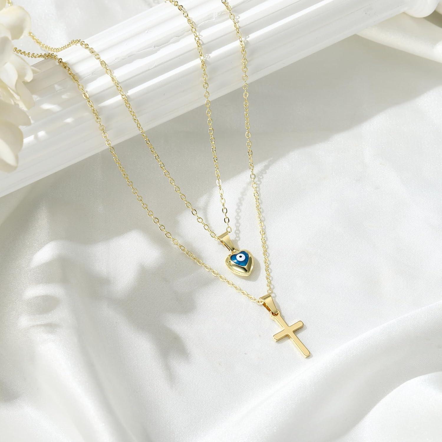 Kreuz Kette Layered Goldkette Damen 14K Vergoldet Evil Eye Halskette