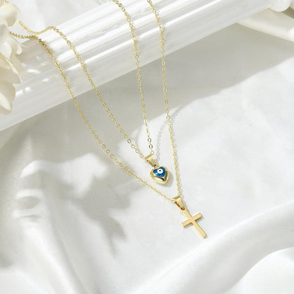 Kreuz Kette Layered Goldkette Damen 14K Vergoldet Evil Eye Halskette