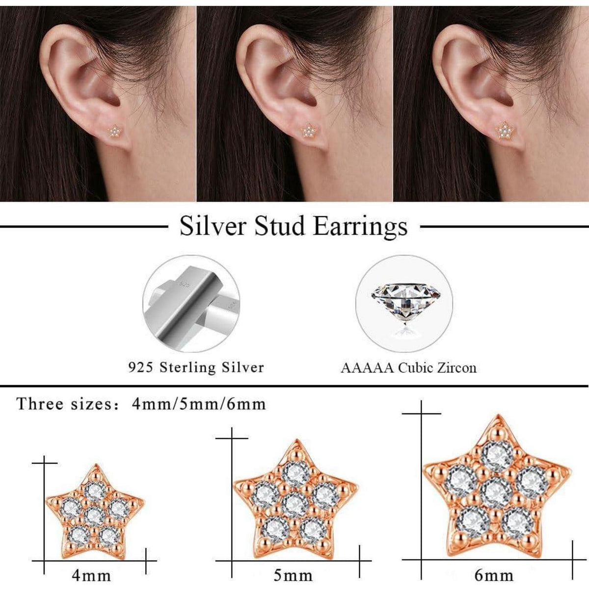 925 Sterling Silber Ohrstecker Set 3 Paar Zirkonia Herz Stern 4-6mm Rosegold