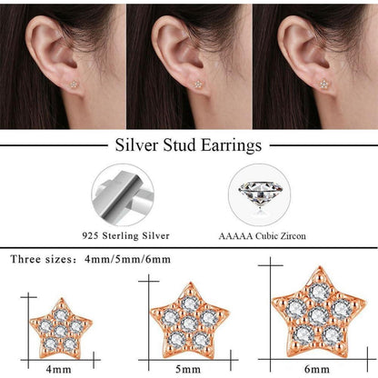 925 Sterling Silber Ohrstecker Set 3 Paar Zirkonia Herz Stern 4-6mm Rosegold