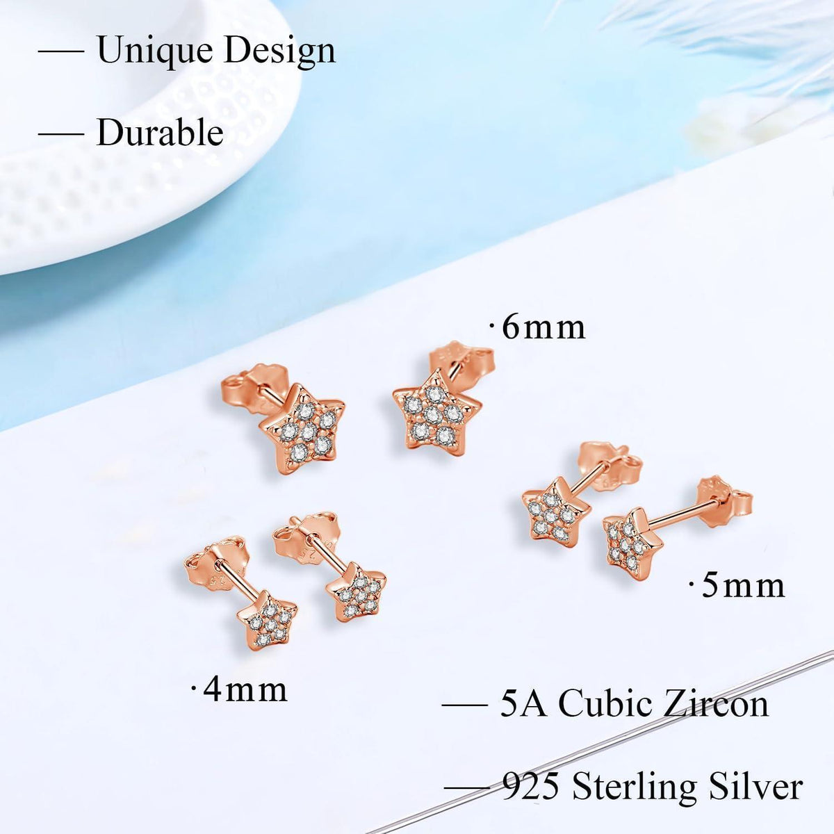 925 Sterling Silber Ohrstecker Set 3 Paar Zirkonia Herz Stern 4-6mm Rosegold