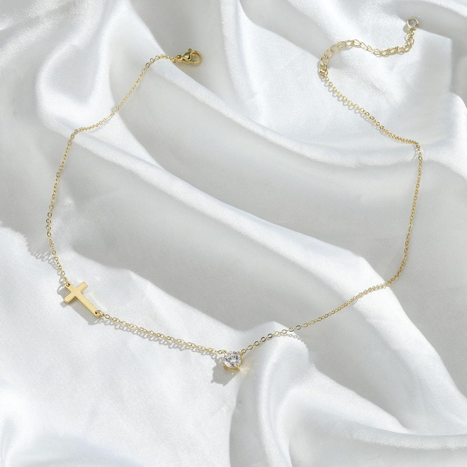 Kreuz Kette Gold Damen 14K Vergoldet Layered Choker Halskette Kristall