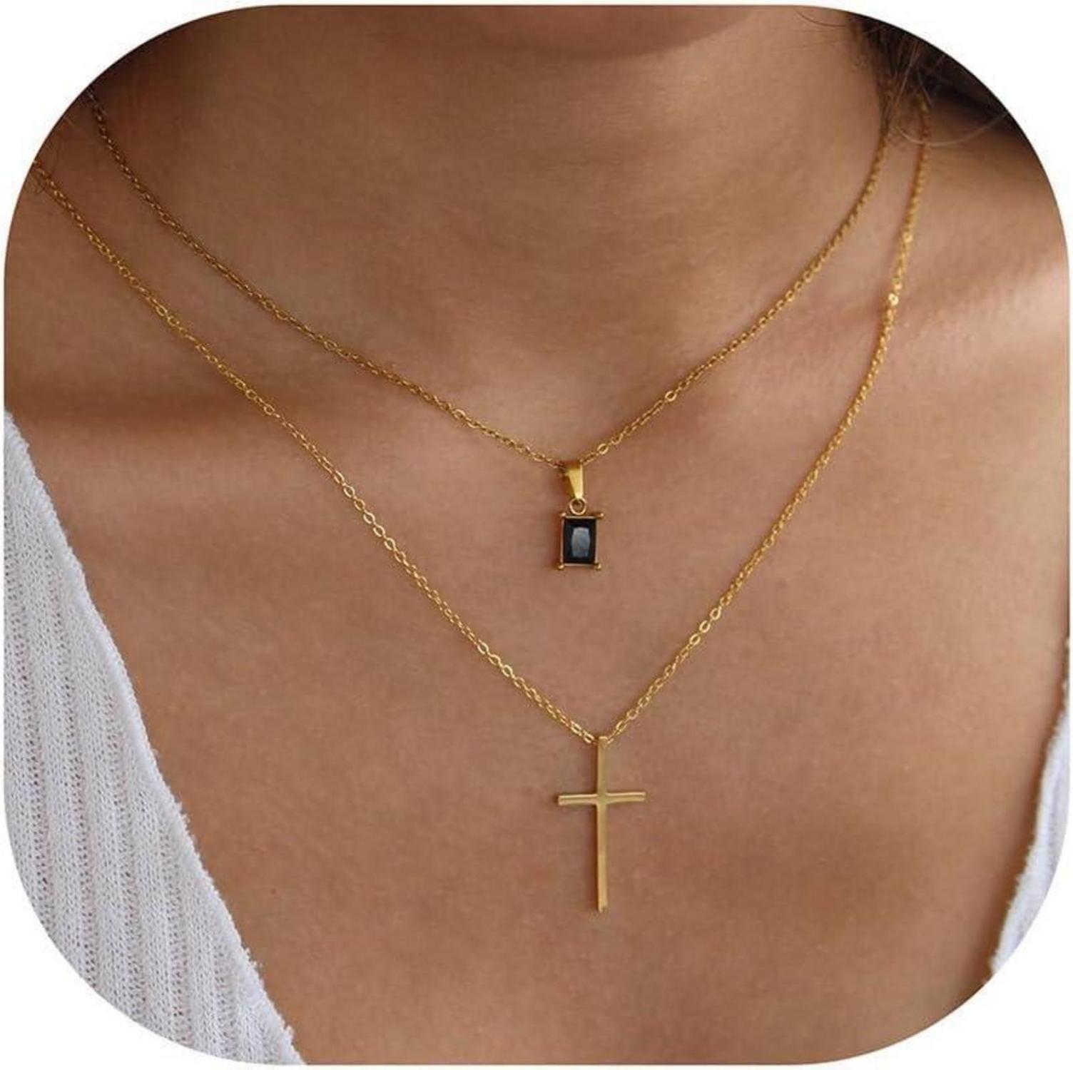 Goldkette Damen 14K Kreuz Halskette Layered Choker Modeschmuck
