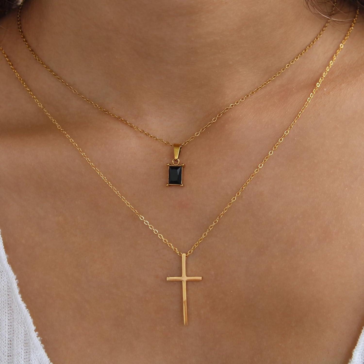 TINGN Goldene Kreuz Kette Damen 14K Vergoldet Layered