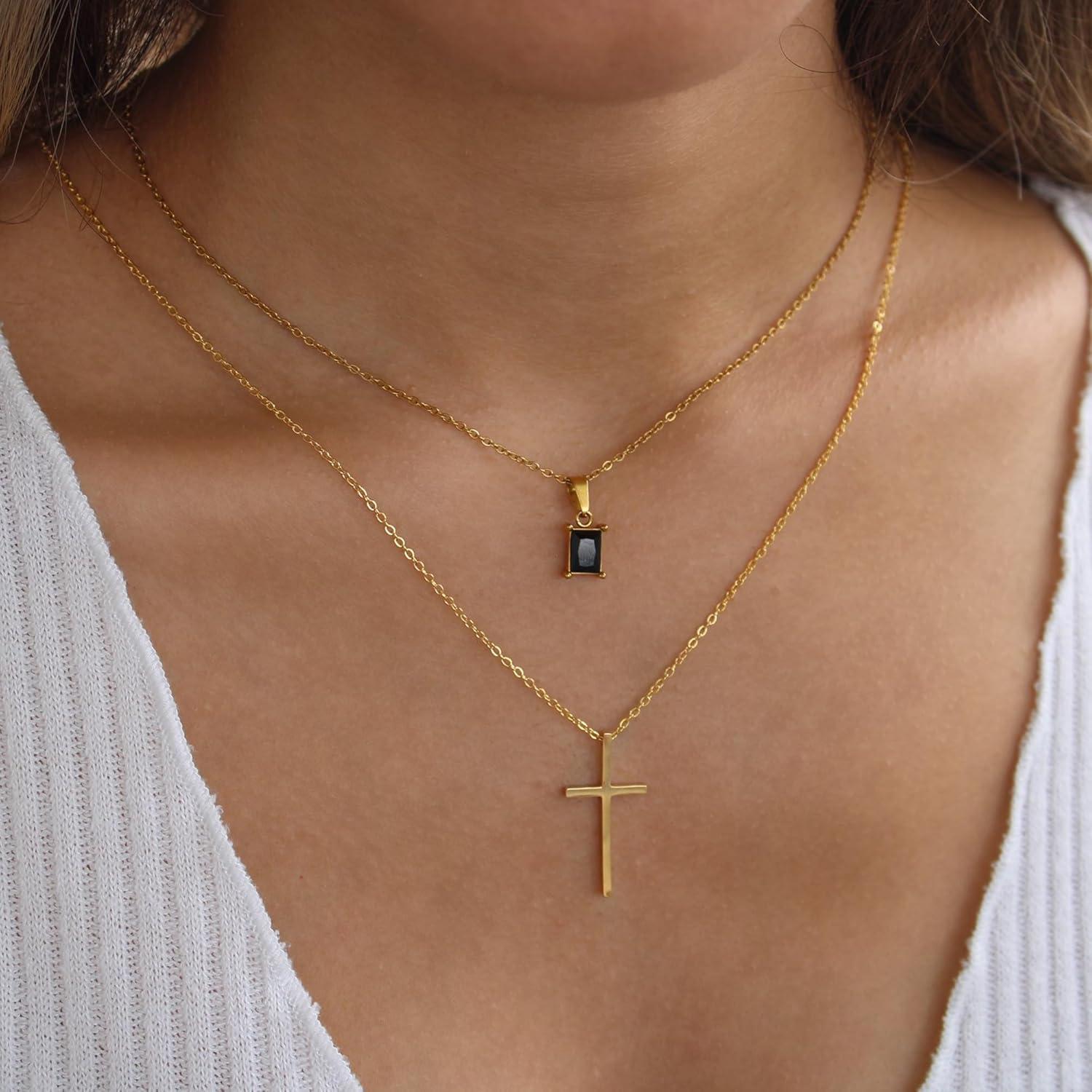 Goldkette Damen 14K Kreuz Halskette Layered Choker Modeschmuck