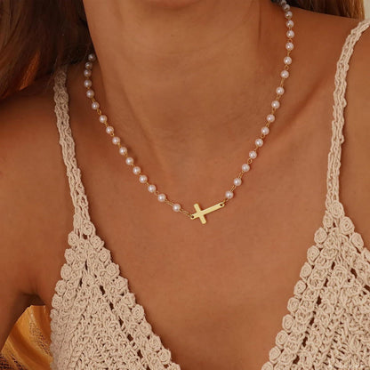 TINGN Damen Kreuz Kette Gold Vergoldet Layered Choker Halskette Pearl Modeschmuck