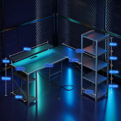 Gaming Schreibtisch LED 137x140cm mit Steckdosen USB Schwarz